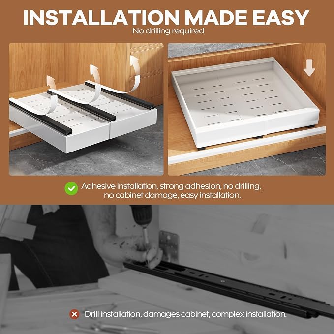 Seinloes 1 Pack Expandable Pull Out Cabinet Organizer 21" Deep with Raising Pad for Framed Cabinets,Upgrade 3 Slide Rails Slide Out Drawers,Roll Out Shelves Adhesive,Adjustable Width 12.05"-20.4"White