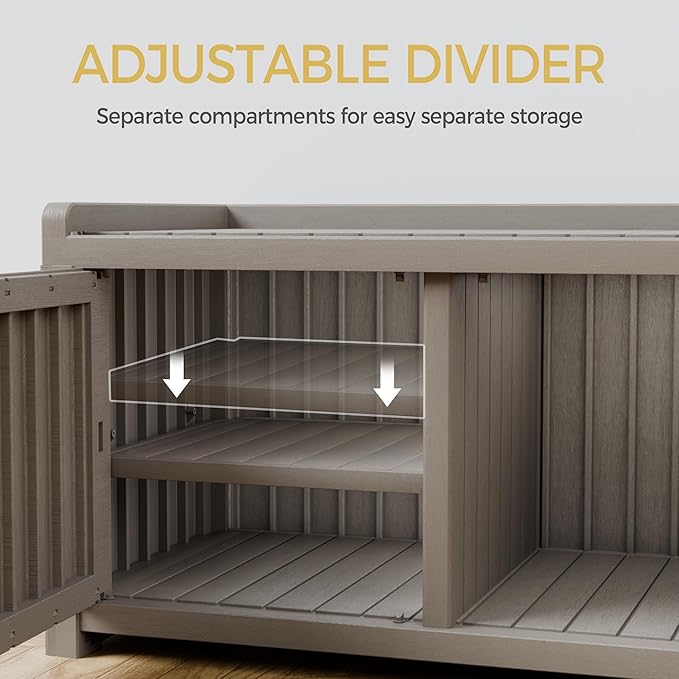 Storage Bench - Waterproof Resin Shoe Bench with Adjustable Shelves - Indoor & Outdoor Use, 2 Doors Entryway Bench with Hidden Storage Space - Storage Cabinet for Bedroom, Hallway, Grey