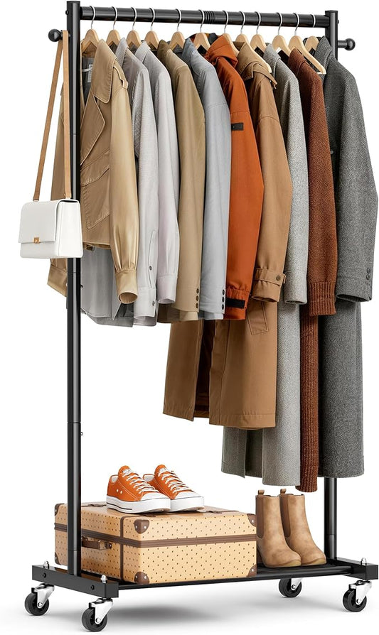 MISSLO Heavy Duty Clothes Racks for Hanging Clothes 25mm Metal Clothing Rack with Shelves for Storage Rolling Garment Rack with Wheels for Bedroom, Laundry, Black, 28" x 15.5" x 60"