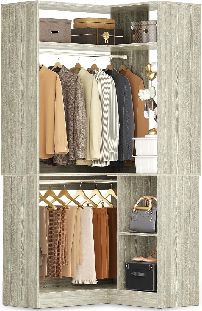 Aheaplus Corner Closet System with Shelves, 34’’ Closet Organizer System with Hanging Rods, Wood Walk-in Closets for Corner Small Space,Freestanding Corner Tower, L Shaped Garment Rack, White Oak