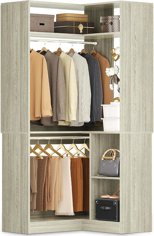 Aheaplus Corner Closet System with Shelves, 34’’ Closet Organizer System with Hanging Rods, Wood Walk-in Closets for Corner Small Space,Freestanding Corner Tower, L Shaped Garment Rack, White Oak