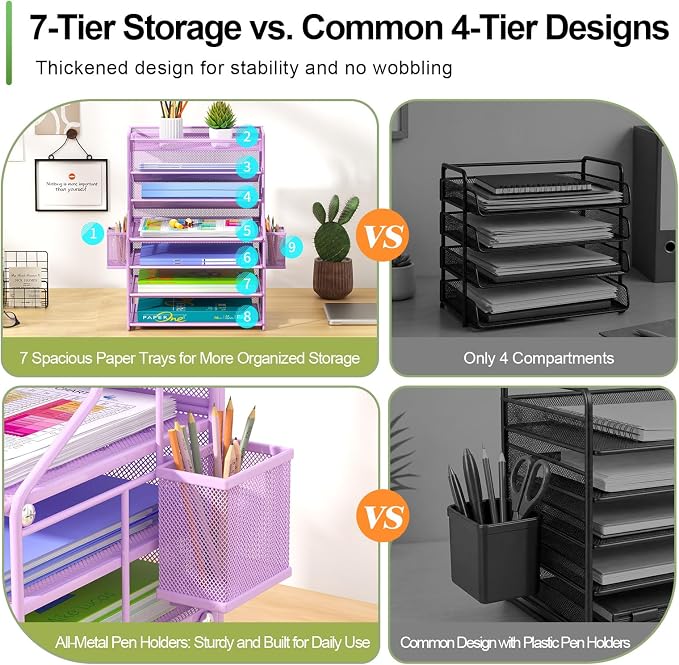 Purple 7 Tier Desk File Organizer, Metal Letter Tray Paper Organizer with Pull-Out Drawer, Removable Pen Holder & Hanging Basket, Vertical Desktop File Holder for Home Office, Classroom