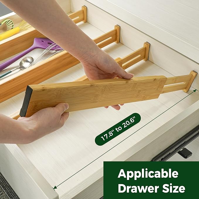 Utoplike 4 Pcs Bamboo Kitchen Drawer Dividers, Large Drawers Organizers | Adjustable Spring Loaded Expandable Organization, Works in Dresser, Bathroom, Bedroom, Office, Fit 17.8"-20.6" Drawer, 2.4"H