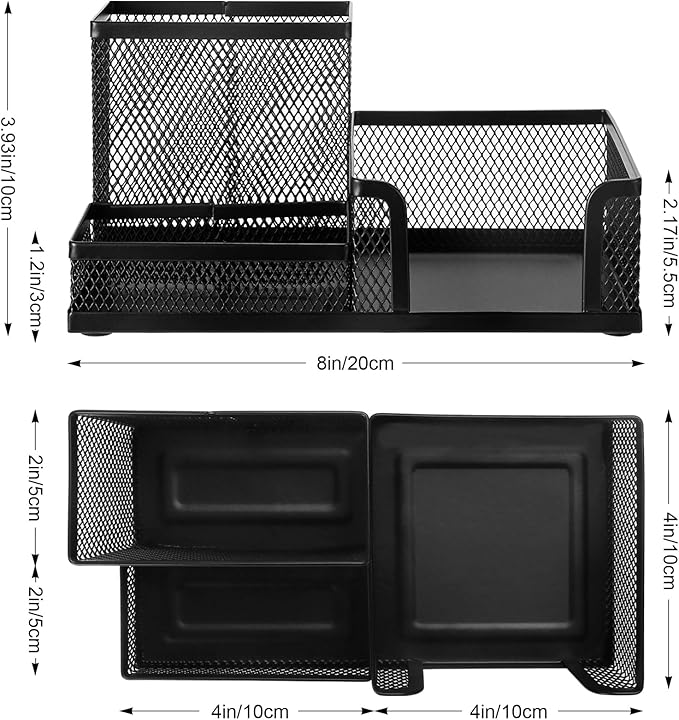 Comix Mesh Pen Holder, Desk Organizer for Home Office, Black | 3 Compartment Pencil Holder, Sticky Notes Holder, Pen Organizer Office Supplies