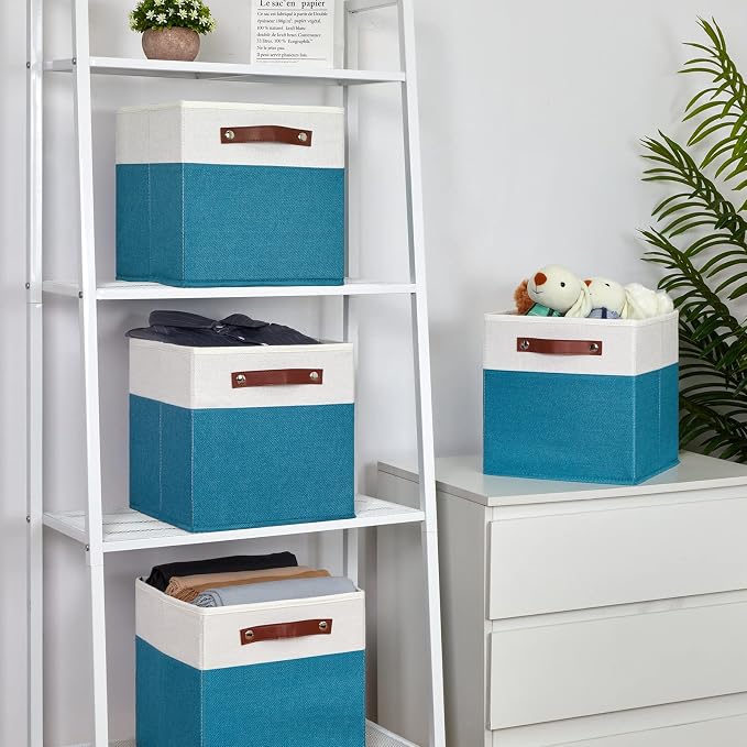 Temary Storage Cube Bins 11 Cube Storage Bins Storage Baskets for Closet, Shelves 4 Pack Fabric Organizer Bins with Leather Handles(White&Teal)