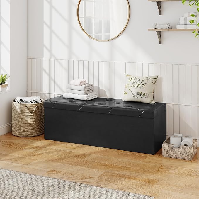 Sweetcrispy 43 Inch Storage Ottoman Bench, Folding Ottoman with Storage | Foot Rest Stool with Padded Seat, End of Bed Storage Bench for Living Room, Bedroom, Loads 660 LBS, Synthetic Leather, Black