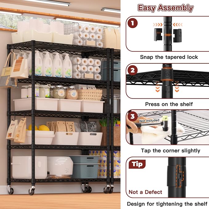 PrimeZone Wire Shelving with Wheels, 5-Tier NSF Adjustable Storage Shelves | 36"W x 16"D x 79"H Metal Shelf, Adjustable Organizer, 4 Hooks, Heavy Duty 1250 LBS Capacity for Kitchen, Pantry, 4 PCS