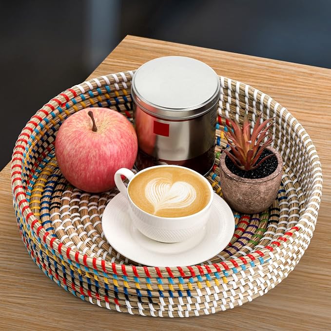 SOUJOY 12'' Woven Seagrass Serving Tray, Rattan Serving Tray, Handmade Round Ottoman Fruit Tray, Colorful Coffee Table Decorative Tray for Bread, Tea, Breakfast, Coffee, Drinks, Snack, Wall Decor
