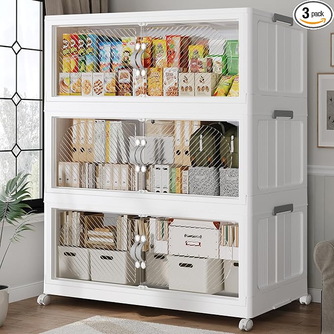 480QT Extra Large Stackable Storage Bins with Lid, 120Gal Plastic Closet Organizers and Storage Drawer, Collapsible Cabinet Box with Wheels Clear Doors for Home Kitchen Office, 3Pack White