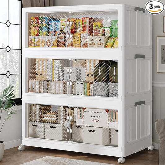 480QT Extra Large Stackable Storage Bins with Lid, 120Gal Plastic Closet Organizers and Storage Drawer, Collapsible Cabinet Box with Wheels Clear Doors for Home Kitchen Office, 3Pack White