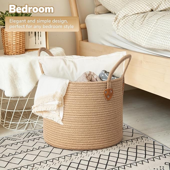 CHICVITA Jute Wicker Storage Basket with Leather Handles, 14" x 12"，Jute | Natural Woven Basket, Baby Hamper for Nursery Living Room & Bedroom Organization, Holds Blankets, Towels, Toys & Shoes