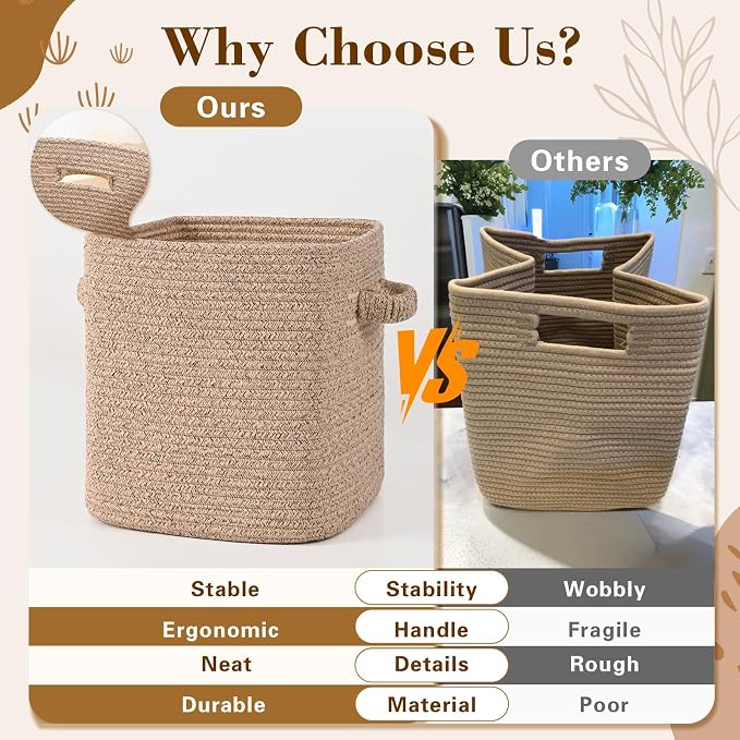 12 Inch Storage Cubes, 3 Pack Cube Storage Bins for Organizing, Cotton Rope Woven Baskets for Shelves, Bathroom, Kids Room, Closets, Baby Nursery