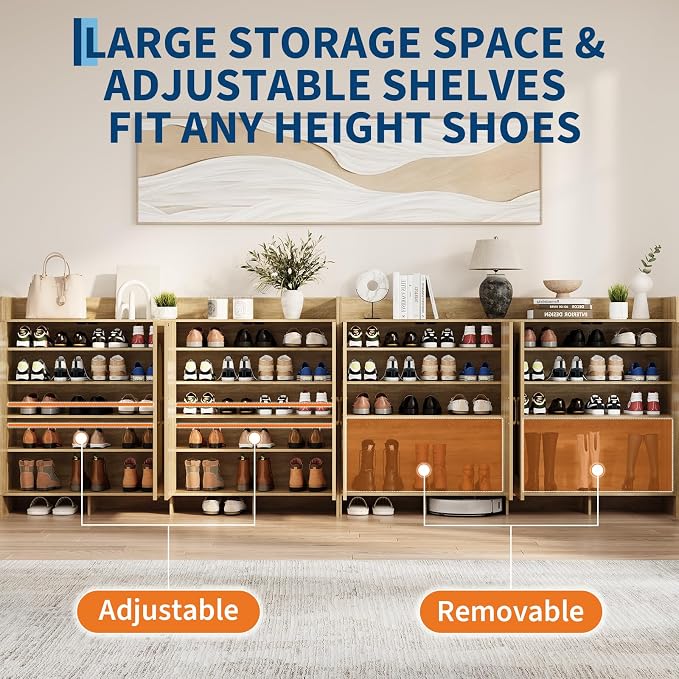 Garvee Shoe Cabinet Storage for Entryway, Rattan Shoe Rack with 4 Doors | Farmhouse Boho Wood Shoe Organizer Cabinet for Entrance Hallway Living Room Foyer