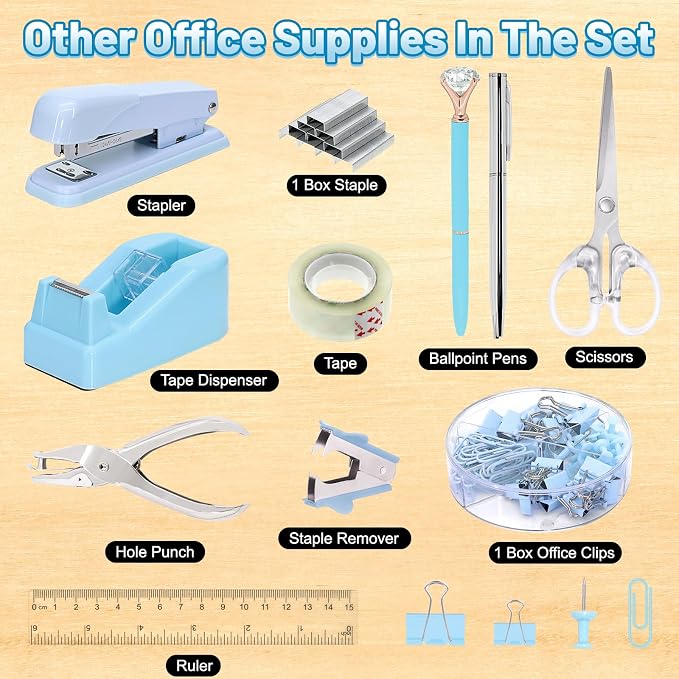 13-in-1 Office Desk Organizer Set with Stapler and Tape Dispenser, Pen Holder, Scissors, Ruler, Hole Punch, 2 Pens & More Desktop Accessories for Back to School Supplies (Blue)