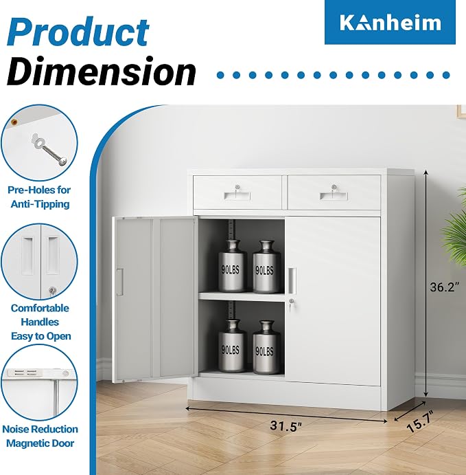 Metal Storage Cabinet, 36" Locking Cabinet with Adjustable Shelves for Garage, Office (White, 2 Drawers)