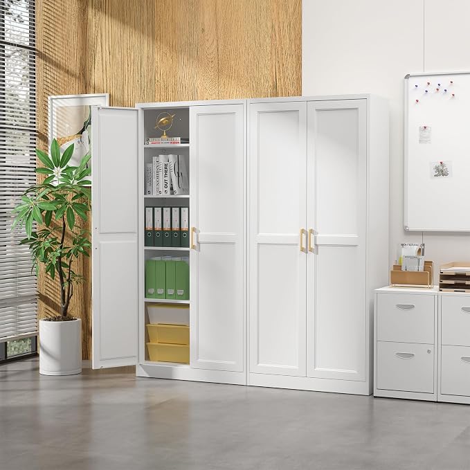 SteeLoong Kitchen Pantry Cabinet,71”White Metal Pantry Storage Cabinet with Doors and 4 Adjustable Shelves,Kitchen Cabinet with 2 Gold Handles,Tall Cabinet for Livingroom,Pantry, Bathroom,Kitchen