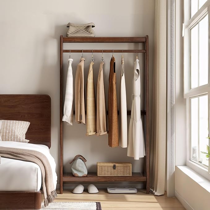 Solid Wood Clothes Rack, Clothing Rack with 2 Shelves Storage, Floor-Standing Coat Rack for Bedroom, Living Room, Entryway,Walnut