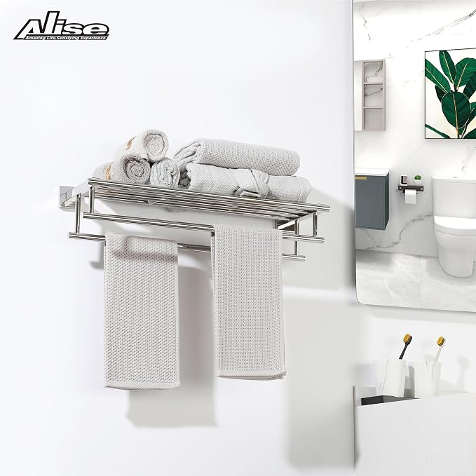 Alise Double Towel Rack for Bathroom Wall Mounted 20 Inch,Polished Chrome | SUS304 Stainless Steel Towel Rack with Shelf,Bathroom Tower Holder Towel Shelf with Double Towel Bars for Lavatory Kitchen