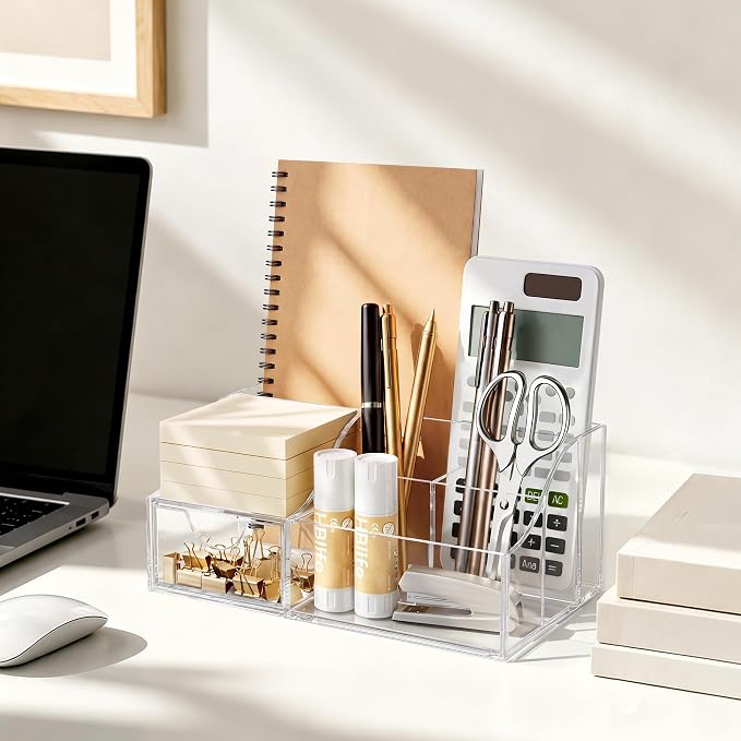 HBlife Acrylic Desk Organizer with Drawer, Pen & Pencil Holder, Multifunctional Desktop Caddy for Office Supply and Organization
