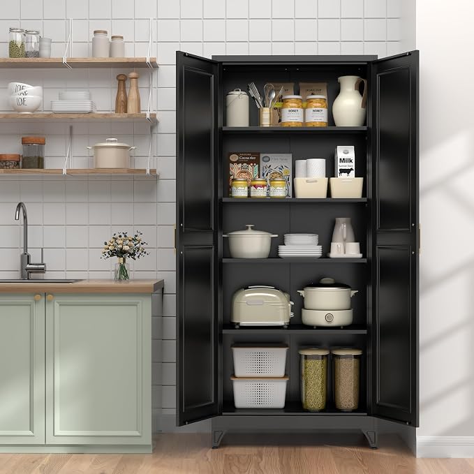 UNICOLY 75" Kitchen Pantry Cabinet, Metal Tall Storage Cabinet with Doors | Kitchen Storage Cabinets with 4 Shelves,Pantry Storage for Kitchens, Living Room, Dinning Room, Assembly Required, Black