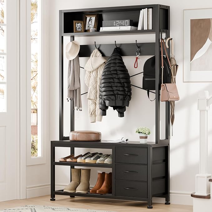 Hall Tree with Bench and 3 Drawers Storage, 31.5" Coat Rack Freestanding | Black, 6-in-1, Top Cubby, 12 Coat Hooks, Adjustable Shoe Rack, Sturdy Metal Frame, Entryway Organizer