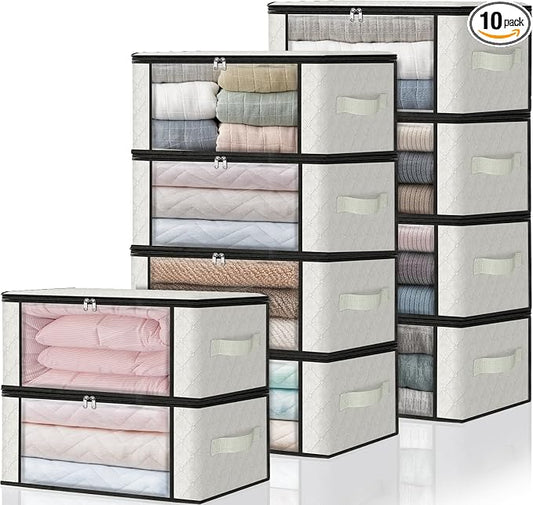 HomeHacks 10-Pack Clothes Organizer Storage Bags, 35L Storage Bins, White | Foldable Storage Box Container with Zippers, Clear Window, Reinforced Handles for Closet, Dorm, Pillows, Bedding, Sweater
