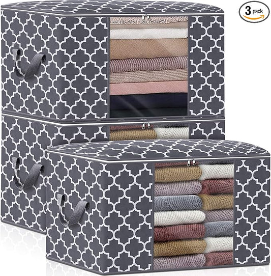 WISELIFE Storage Bags, Large Blanket Clothes Organization and Storage Containers for Bedding, Comforters, Foldable Organizer with Reinforced Handle, Clear Window,Sturdy Zippers,(Grey, 3 x 100L)