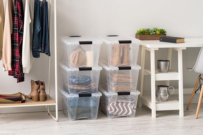 IRIS USA 6-Pack 32 Quart Storage Bins with Lids, Clear | Transparent design makes contents easy to find. Great for linens, décor, closet storage, and supplies. Nestable design saves