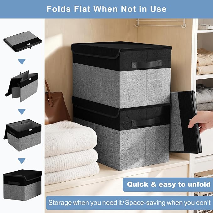 Large 17" 42 Quarts Collapsible Stackable Storage Bins with Lids [3-Pack] Foldable Fabric Linen Storage Boxes Cube, Closet Organizer Baskets with Label for Home (16.7 x 12 x 12", Black & Gray)