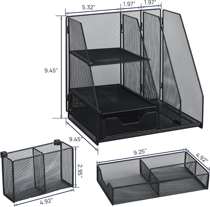 Topwey Desk Organizer, File Organizer for Desk with 2-Tier Paper Letter Tray, Drawer and 2 Pen Holder, Mesh Desktop Organization with Magazine Holder for Office Supplies