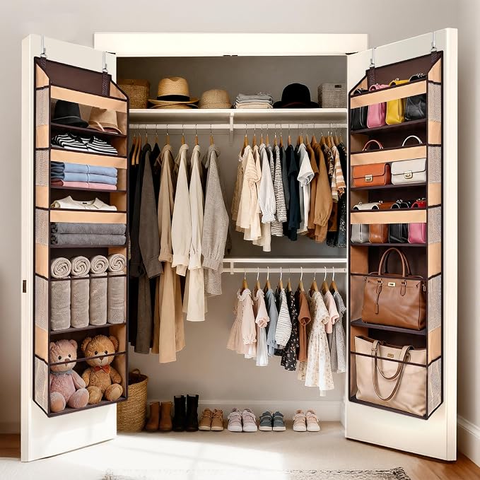 5 Tiers Over Door Organizer with 10 Mesh Side Pockets, 44 lbs Weight Capacity Hanging Storage Organizer with Clear Window Kids Toys, Shoes, Diapers, Brown