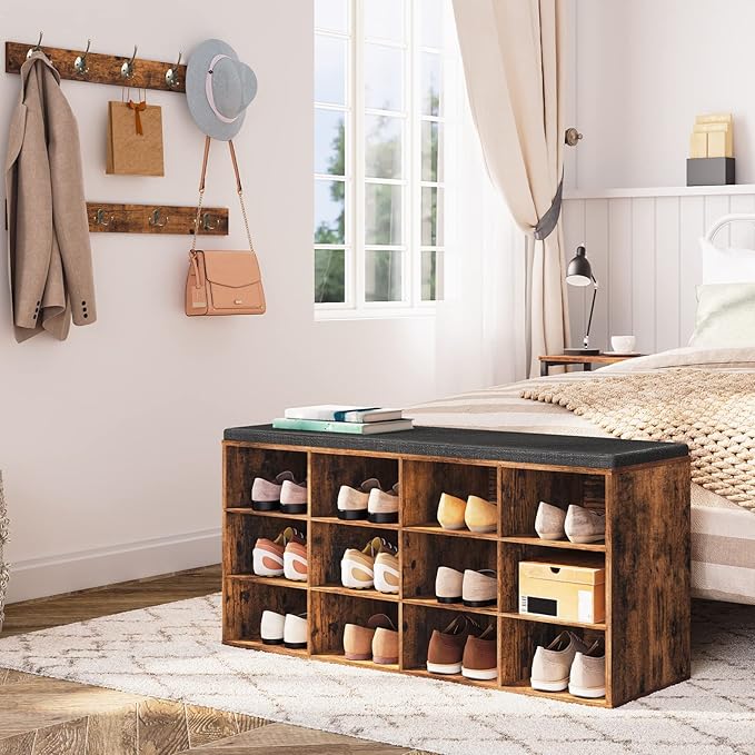HOOBRO Shoe Storage Bench with Cushion, 39.4" L Entryway Bench with 12 Cubbies, Entryway Hall Tree with Storage, Shoe Cabinet with Coat Rack for Bedroom, Hallway, Holds up to 330 lb, BF112HX01G1