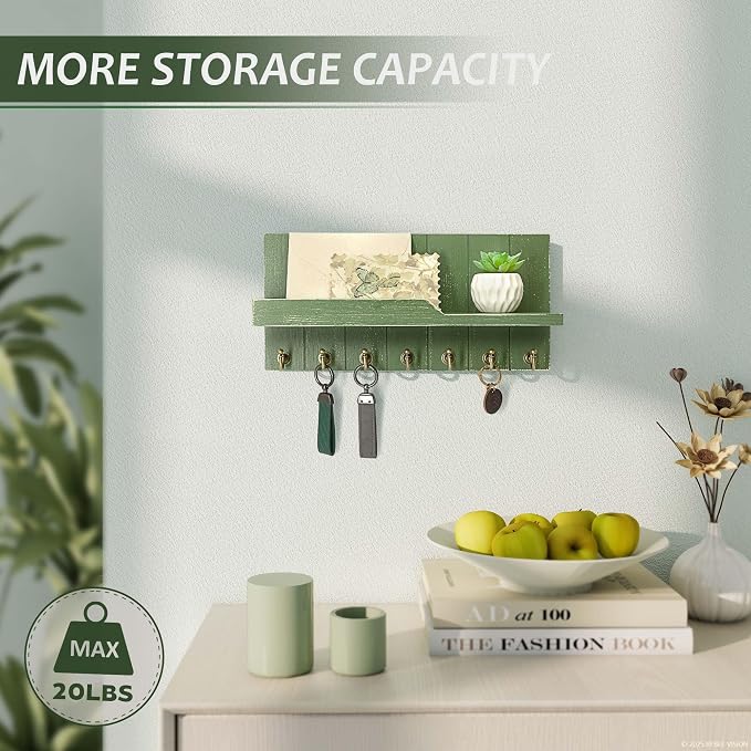 Rebee Vision Key Holder Wall Mount with Shelf &7 Hooks for Entryway, Green | Pine Wood, Farmhouse Key Holder for Wall, Mail and Perfume Display, Rustic Key Hanger, Apartment Essential, Room Decor Accent