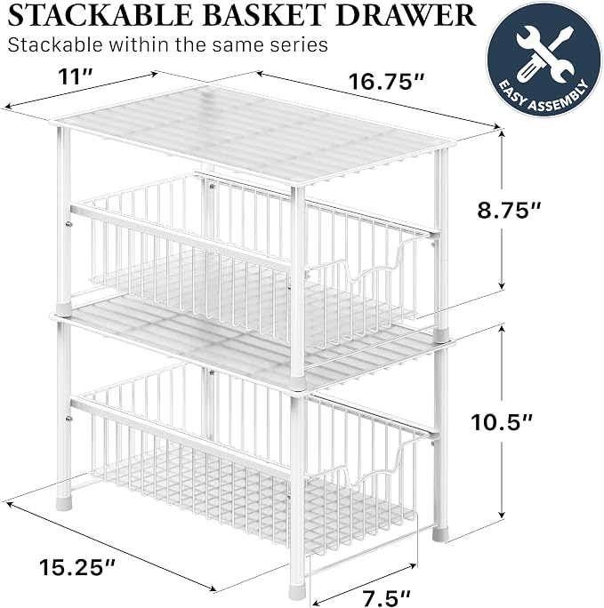 Simple Houseware Wired Stackable Under Sink Cabinet Sliding Basket, White | Free Standing Organizer Drawer, Kitchen/Pantry/Cabinet/Counter