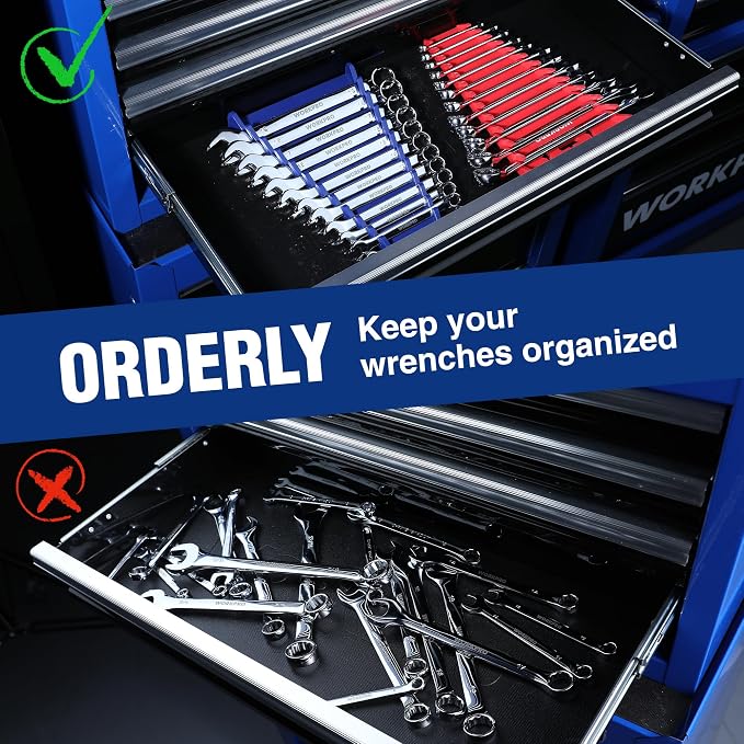 WORKPRO 4-Pack Magnetic Wrench Organizer, Holds 12 Wrenches Each | for Tool Box Drawer Chest, SAE (1/4" - 15/16") and Metric (6 mm - 24 mm)