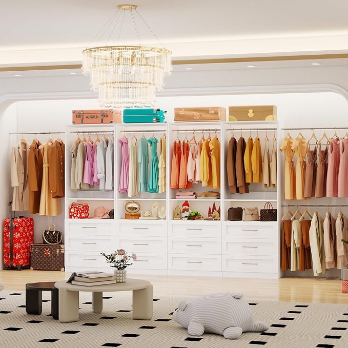 Closet System with 3 Drawers, 2FT-5FT Customizable Closet Organizer System with Hanging Rods& Shelves, Fits Small Walk-in Closet, Modular Closet Tower, Wooden Freestanding Closet Storage System, White