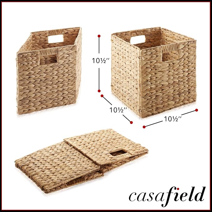 Casafield 10.5" x 10.5" Water Hyacinth Storage Baskets, Natural - Set of 2 Collapsible Cube Organizers, Woven Bins for Bathroom, Bedroom, Laundry, Pantry, Shelves