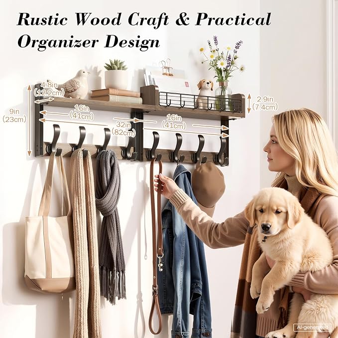 Delamu 32" Coat Rack with Shelf, 4 in 1 Coat Hanger Wall Mount with Shelf, Wooden Entryway Wall Organizer with Hooks, Brown