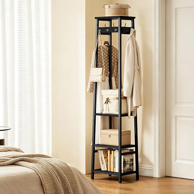 Coat Rack Freestanding with 3 Shelves and 7 Hooks | Coat Stand, Hall Tree Free Standing, Clothes Rack Stand Organizer, Industrial Style, Black