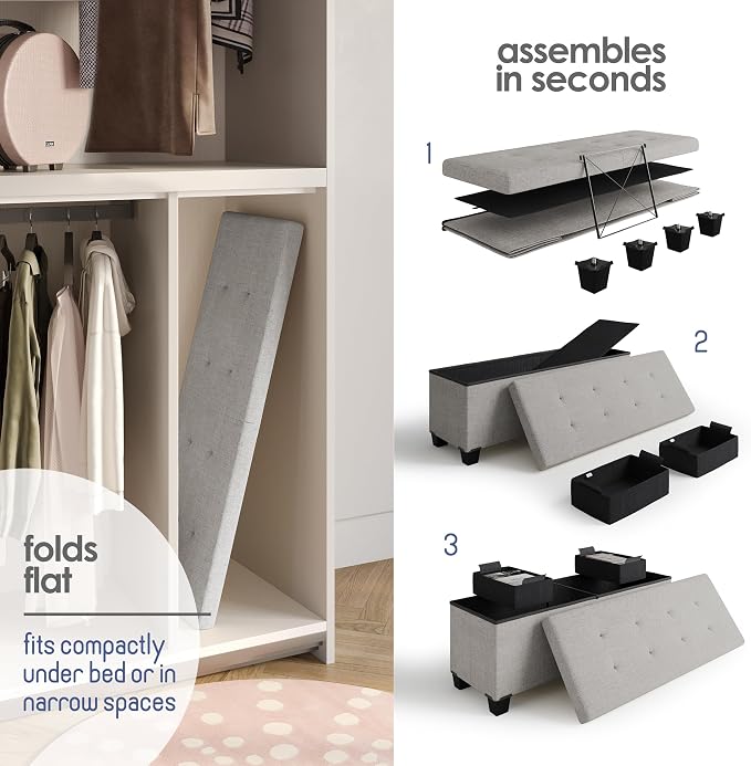 Storage Ottoman Bench with Bins, 43-in Storage Bench for Bedroom End of Bed, Folding Foot Rest Ottoman for Living Room Max 660lbs, Fabric Ottomans, Light Grey