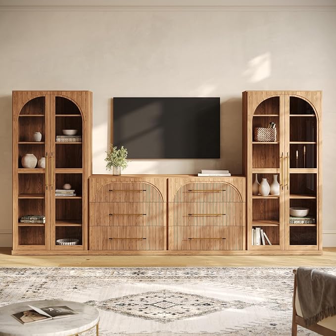 BELLEZE 4-Piece Modular TV Stand Set - 2 Sideboards with Drawers and 2 Tall Storage Cabinets, Classic Modern Media Console Entertainment Center with Adjustable Shelves for Living Room, Camel