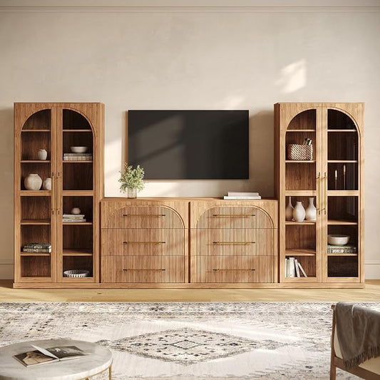 BELLEZE 4-Piece Modular TV Stand Set - 2 Sideboards with Drawers and 2 Tall Storage Cabinets, Classic Modern Media Console Entertainment Center with Adjustable Shelves for Living Room, Camel