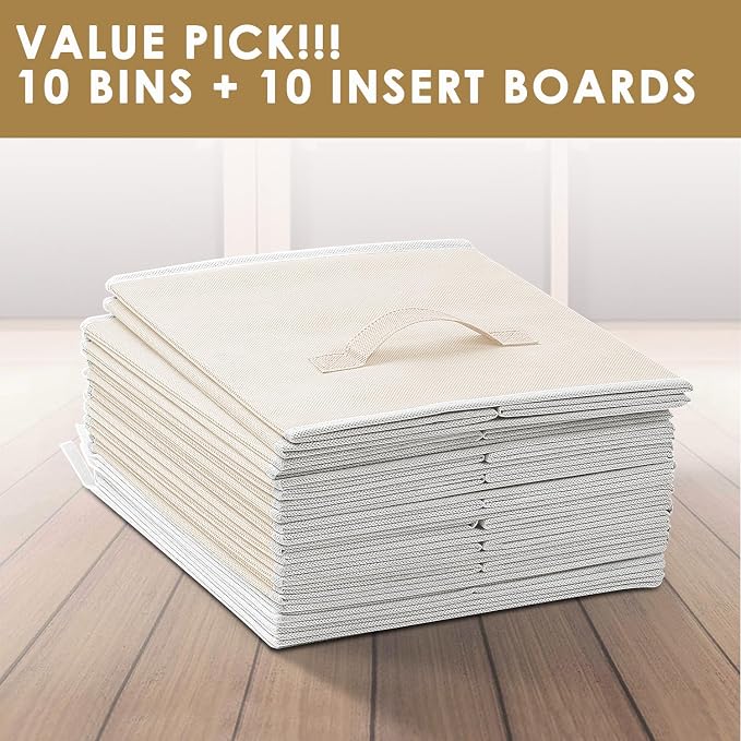 Criusia Storage Cubes, 11 Inch Clothes Storage Bins with Dual Handles (10 Pack), Fabric Collapsible Storage Bins for Shelves Closet, Cubby Organizer Bins for Clothing Toys Blanket Magazines (Beige)
