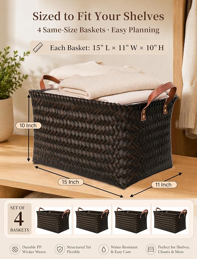 Wicker Storage Baskets, 4 Pack Woven Baskets for Shelves, Dark Gold | PP Rattan, Water-resistant Wicker Basket, Large Baskets with Faux Leather Handles for Blanket, Laundry Organizer, Room Decor