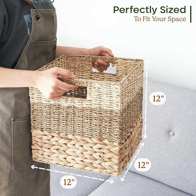 CHI AN HOME 12x12 Baskets for Cube Storage, Wicker Cube Storage Bins Set 4 | 12x12x12 Storage Bins, Foldable Square Baskets For Cube Shelves, Kallax Woven Bins, Versatile Storage, Natural Water Hyacinth