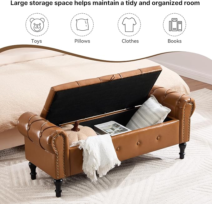 Storage Bench 51" Faux Leather End of Bed Benches Brown | Queen Size Storage Bench for Bedroom with Rolled Arms Tufted Ottoman Benches Upholstered Bench for Living Room Entryway