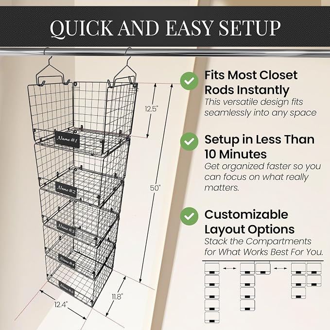 DECOLURE 5-Tier Adjustable Hanging Closet Organizer – Maximize Hanging Storage w/ 4 Hanging Hooks, 8 S Hooks & 5 Name Plates - Sturdy Foldable Wire Storage Hanging Shelves for Clothes, Towels (Black)