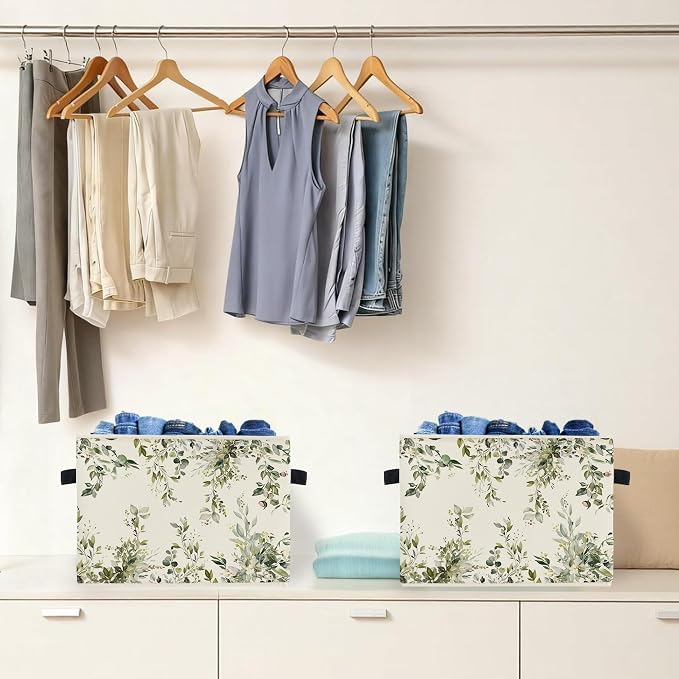Watercolor Green Botanical Storage Box Bins, Rustic Cottagecore Flower Botanical Collapsible Storage Basket Organizer for Bedroom Laundry Room Home Clothes Books, Decor for Room