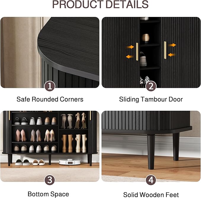 DHH Shoe Storage Cabinet with Sliding Door, 6-Tier Shoe Cabinet with Adjustable Shelves, Mid Century Modern Freestanding Shoe Storage Organizer for Entryway, Hallway, Living Room (Black, 47 ")