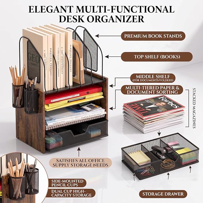Wood Desk Organizer - 4-Tier Desktop File Organizer with Drawer, Wooden Paper Tray, Vertical File Holders & 2 Pencil Holders - Office Desk Organizer for Papers, Mail, Notebooks, Stationery